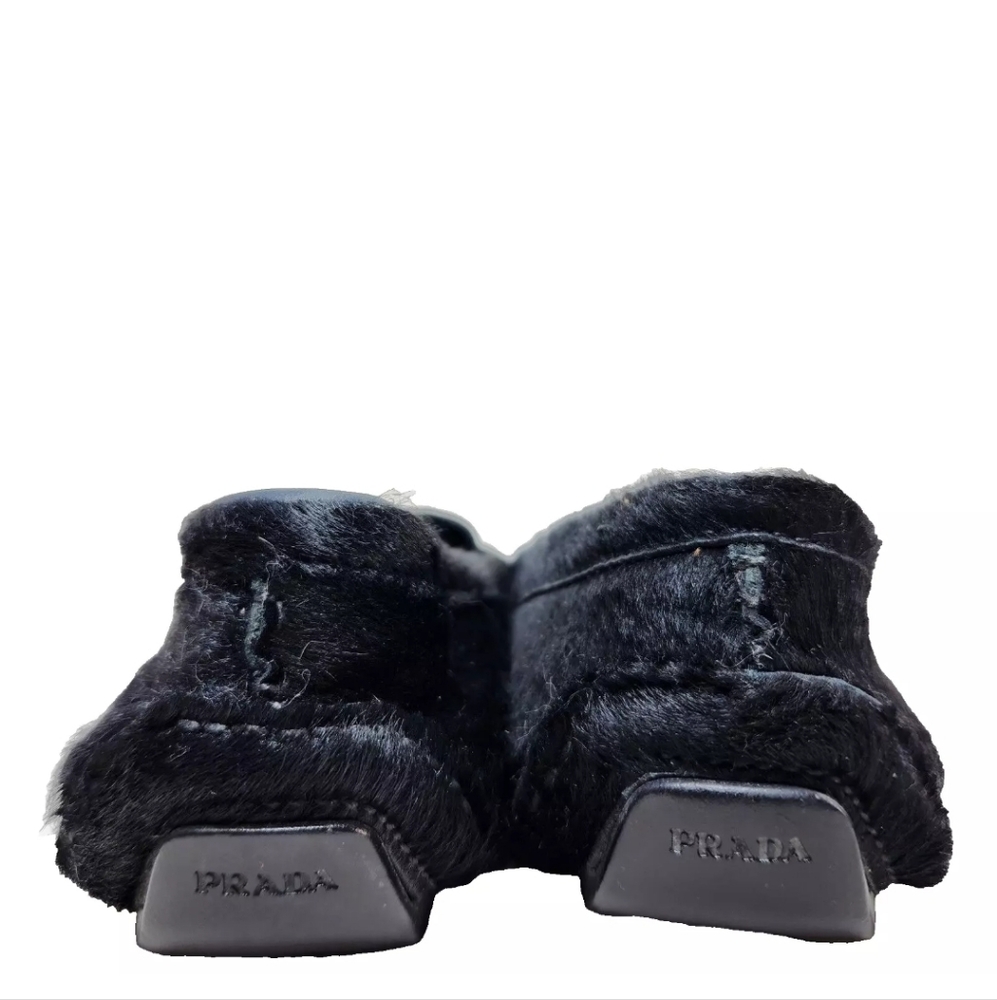 PRADA Pony Calf Hair Driving Loafers COA Sz 37/7 US Logo Charm Black Driver - Picture 10 of 16